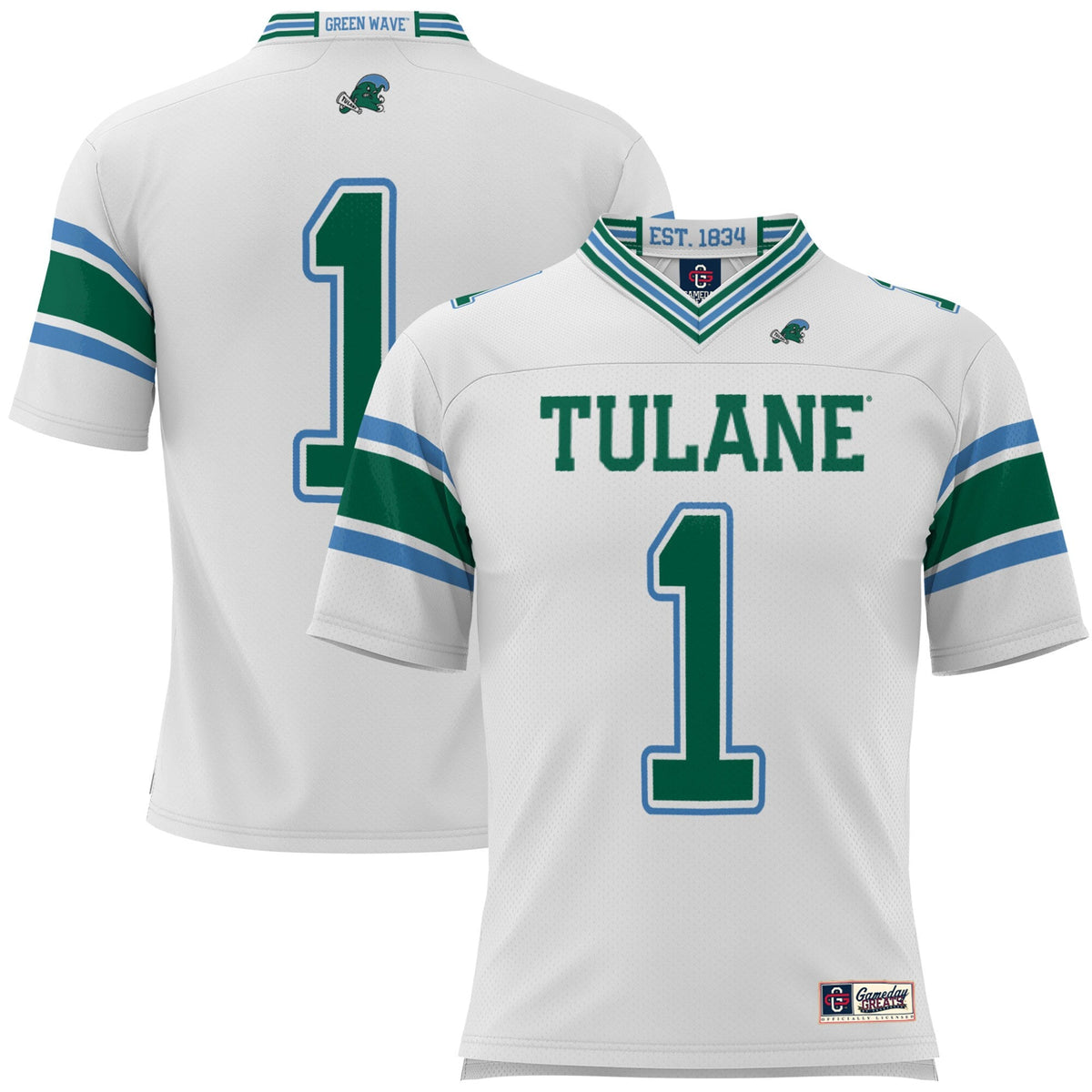 #1 Tulane Green Wave Football Jersey - White product image 1, provided for visual reference and product detail review