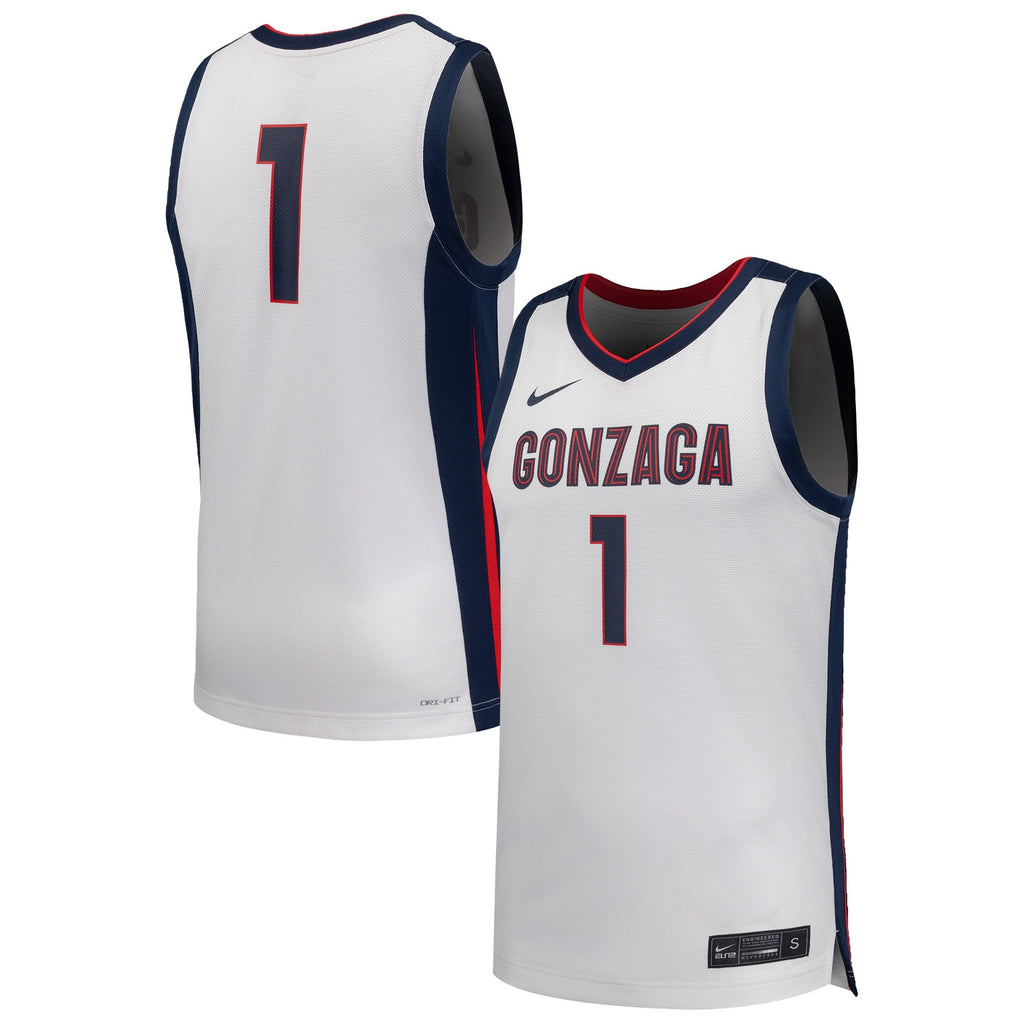 #1 White Gonzaga Bulldogs Replica Basketball Jersey product image 2, provided for visual reference and product detail review