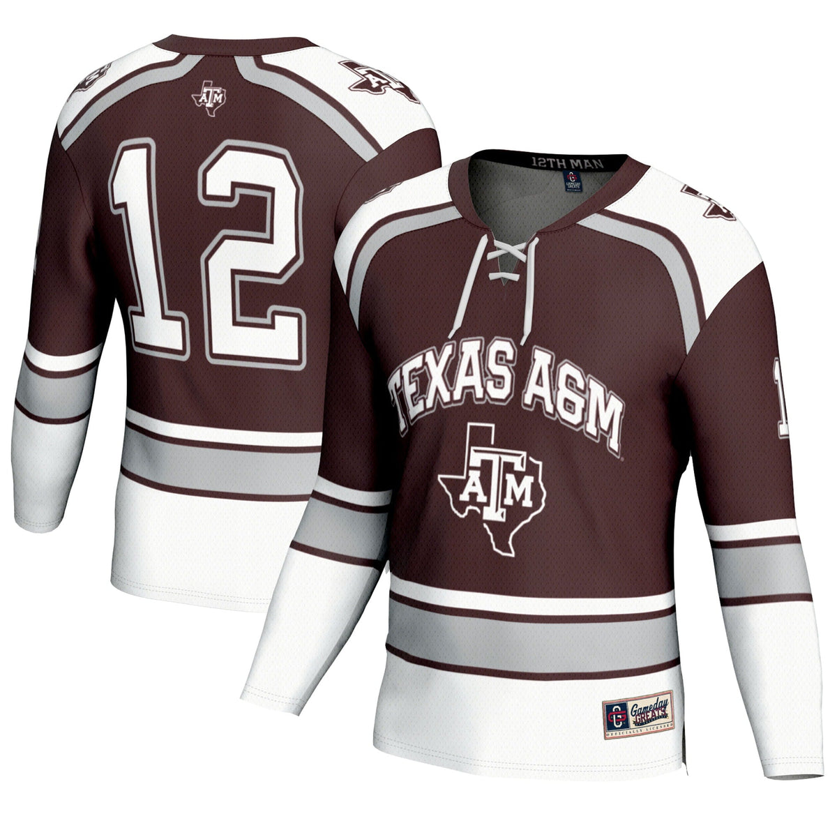#12 Texas A&M Aggies Hockey Fashion Jersey – Maroon product image 1, provided for visual reference and product detail review