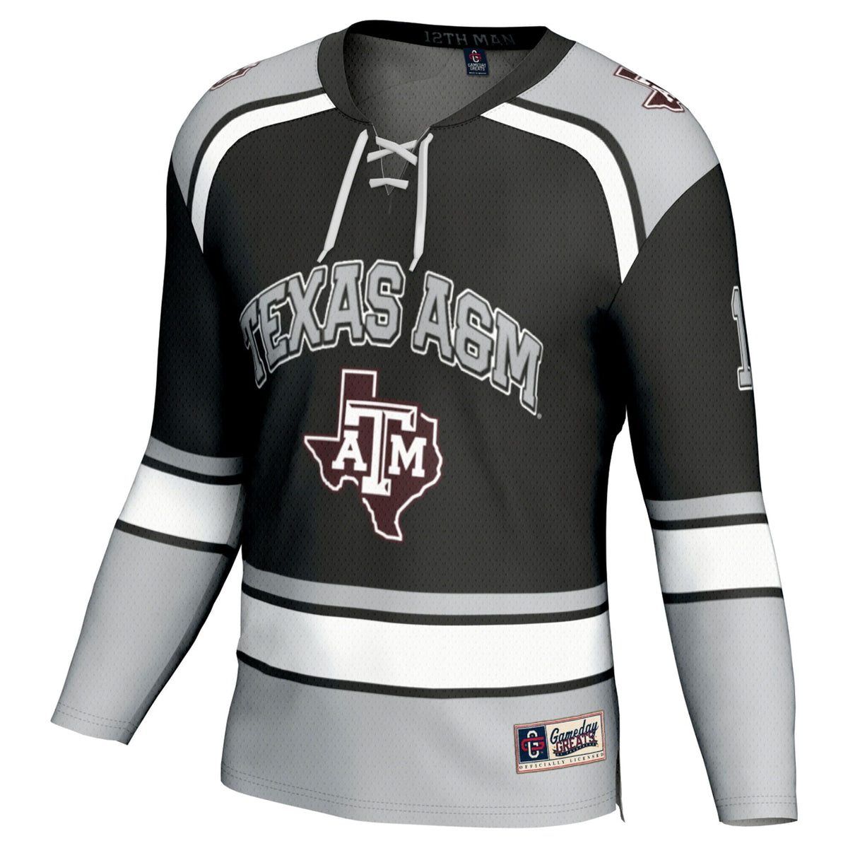 #12 Texas A&M Aggies Hockey Fashion Jersey – Black product image 3, provided for visual reference and product detail review