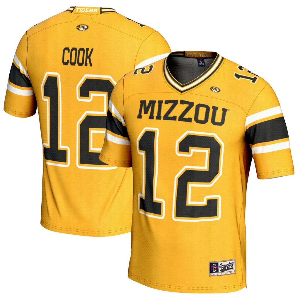 Brady Cook Missouri Tigers NIL Player Football Jersey - Gold product image 1, provided for visual reference and product