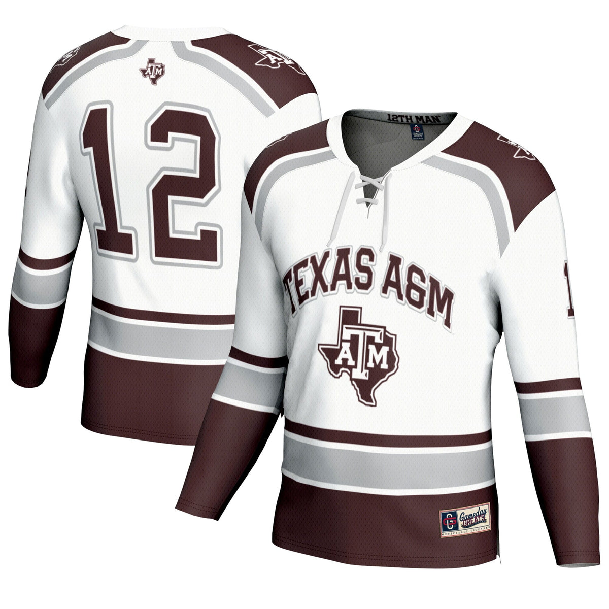 #12 Texas A&M Aggies Hockey Fashion Jersey – White product image 2, provided for visual reference and product detail review
