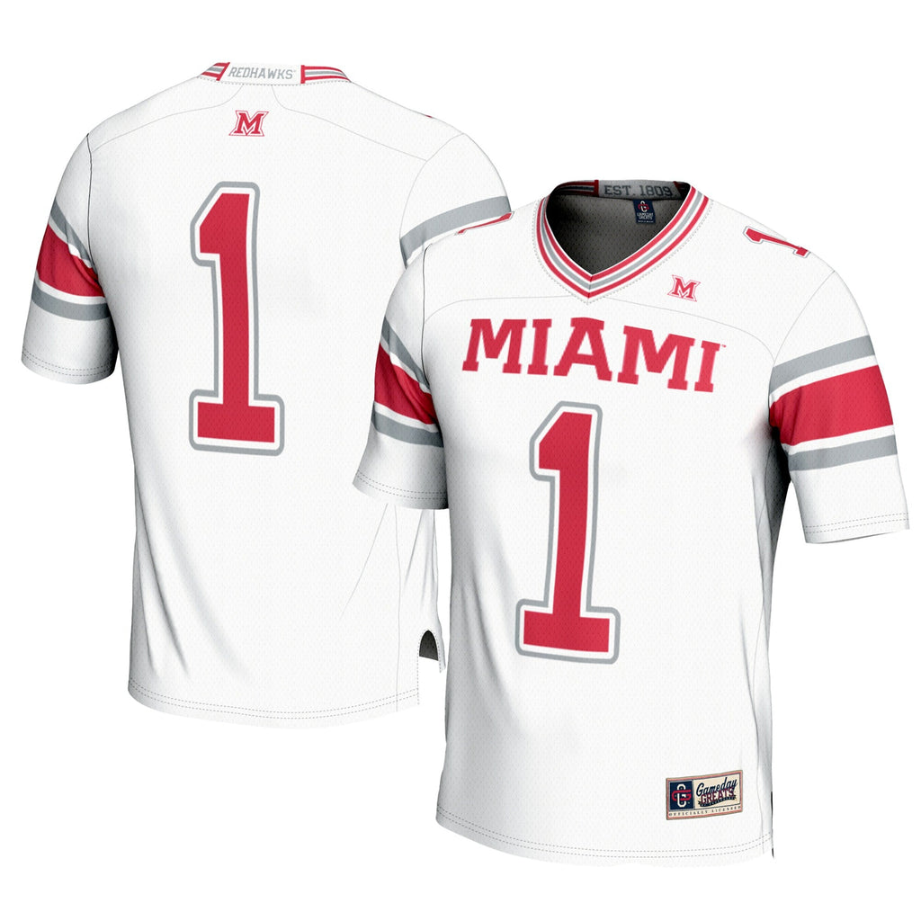 #1 Miami University RedHawks Football Jersey - White product image 1, provided for visual reference and product detail review
