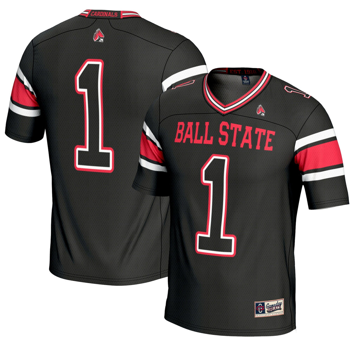 #1 Ball State Cardinals Endzone Football Jersey - Black product image 1, provided for visual reference and product detail