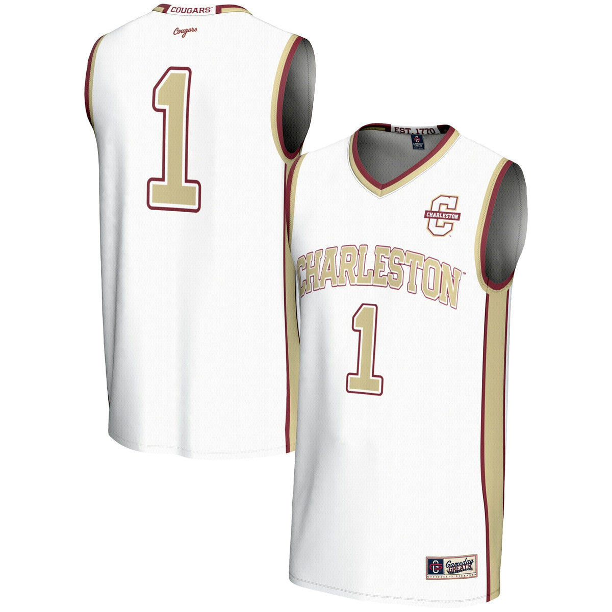 Charleston Cougars #1 Basketball Jersey - White product image 1, provided for visual reference and product detail review