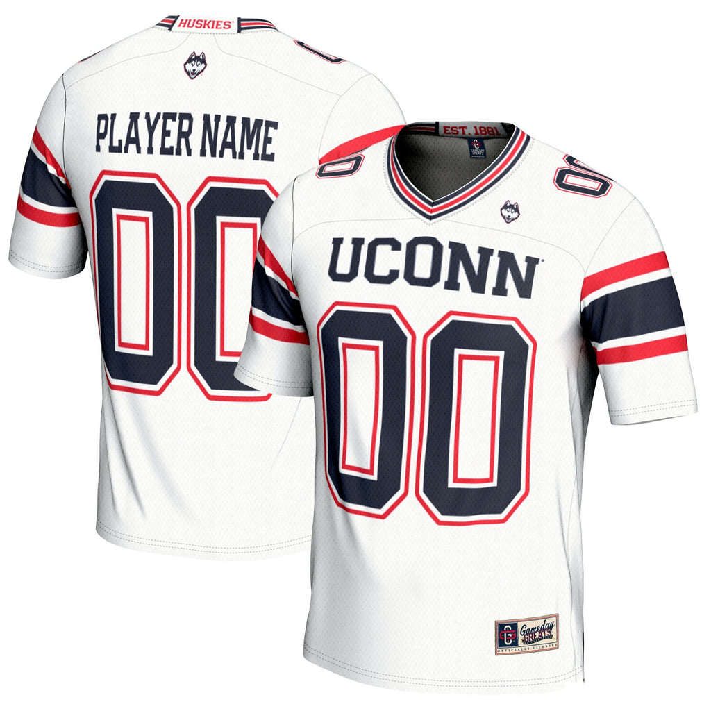 UConn Huskies NIL Pick-A-Player Football Jersey - White product image 2, provided for visual reference and product detail