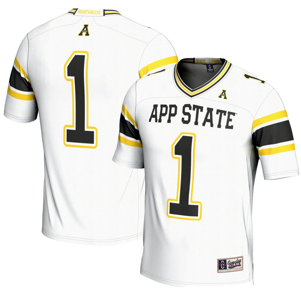 #1 Appalachian State Mountaineers Endzone Football Jersey - White product image 1, provided for visual reference and product