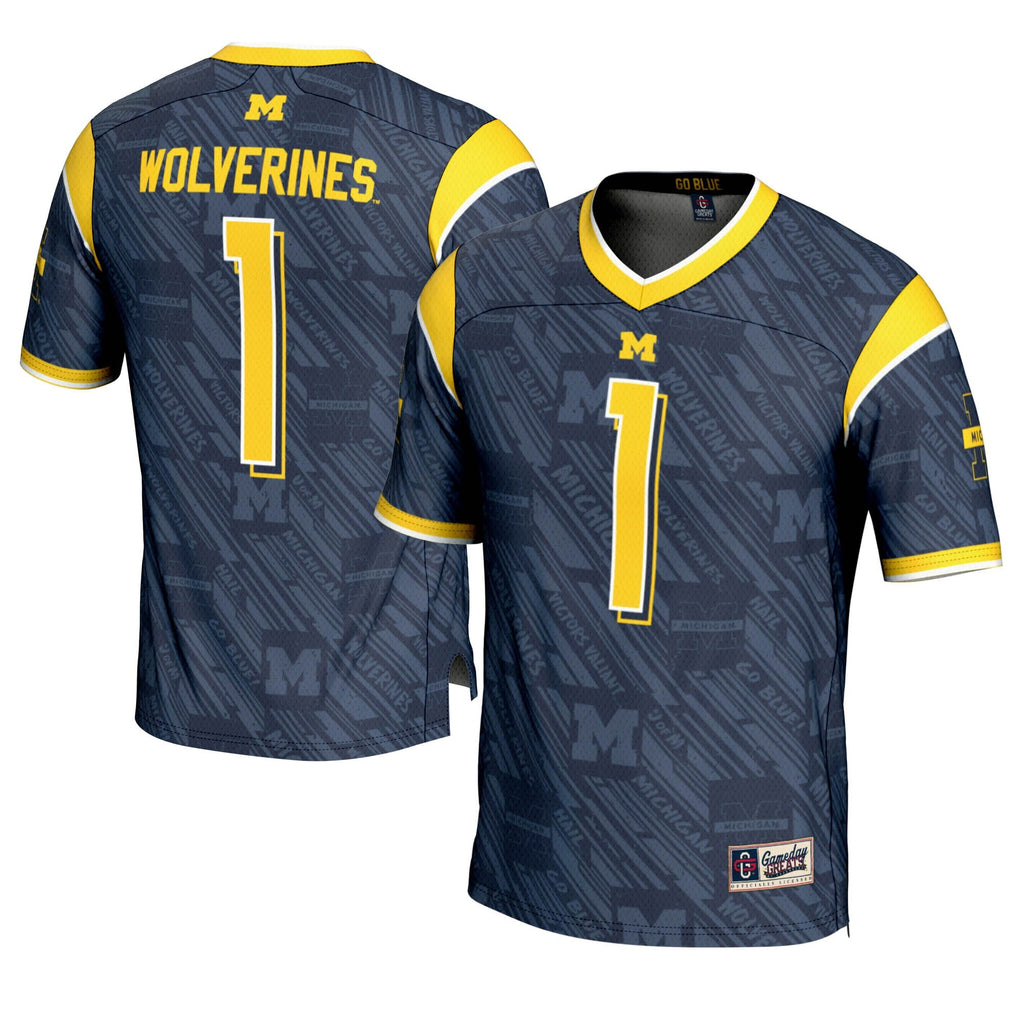 Michigan Wolverines #1 Navy Highlight Print Football Fashion Jersey product image 1, provided for visual reference and