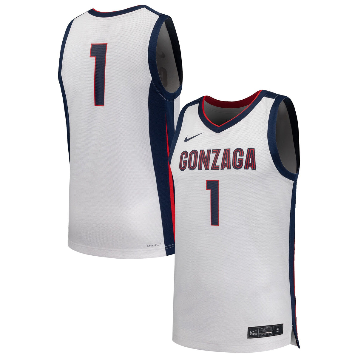 #1 White Gonzaga Bulldogs Replica Basketball Jersey product image 1, provided for visual reference and product detail review