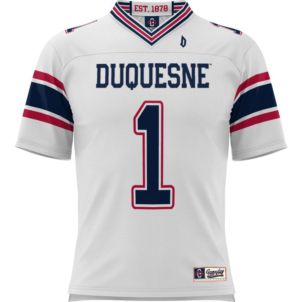 #1 Duquesne Dukes Football Jersey - White product image 3, provided for visual reference and product detail review