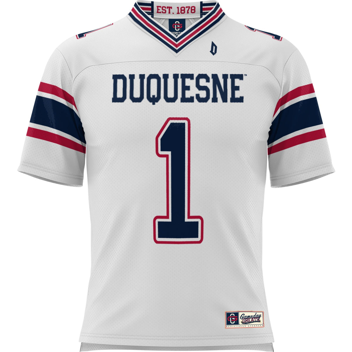 #1 Duquesne Dukes Football Jersey - White product image 3, provided for visual reference and product detail review