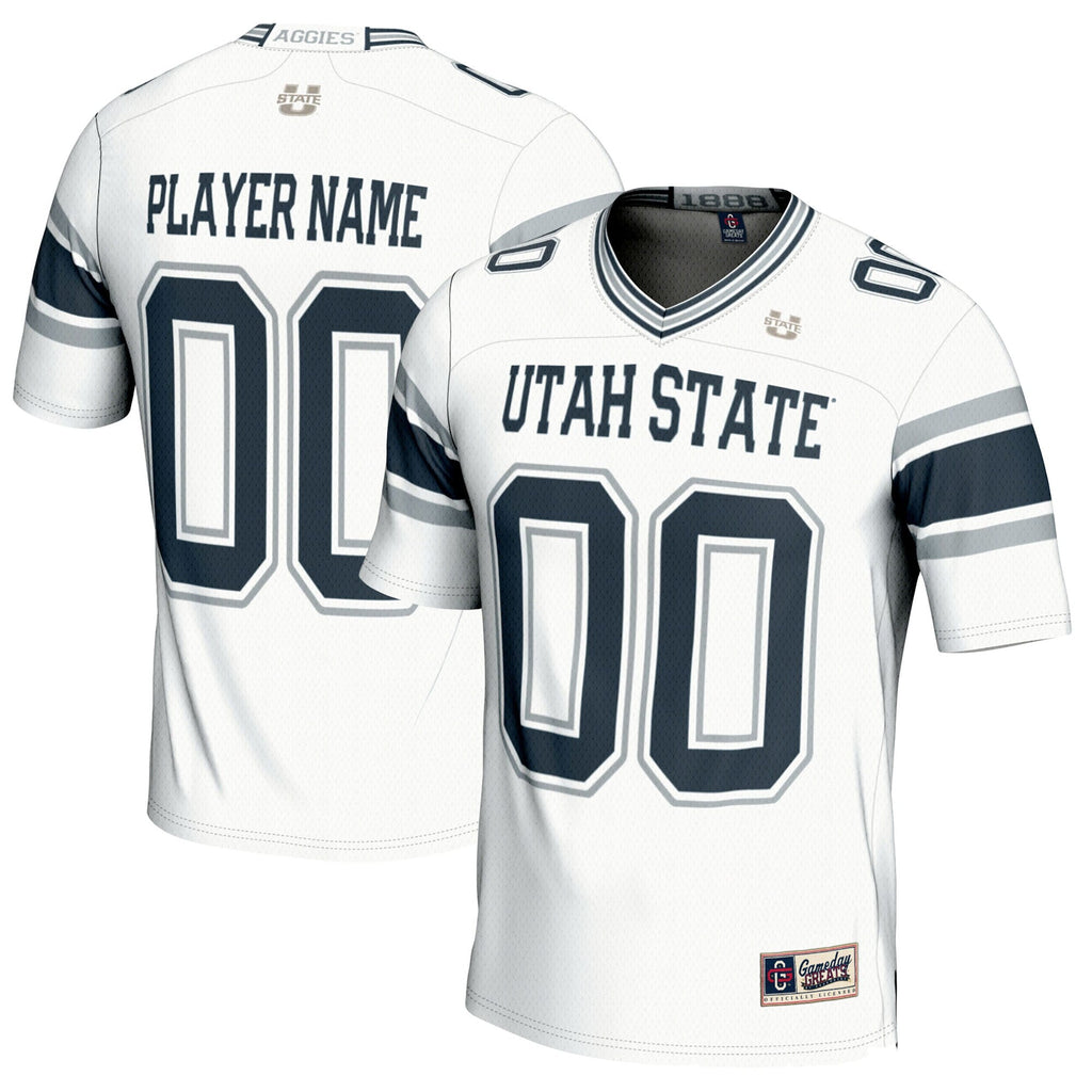 Utah State Aggies NIL Pick-A-Player Football Jersey - White product image 1, provided for visual reference and product