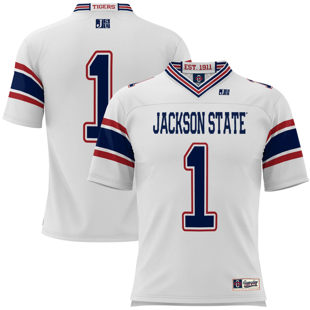 #1 Jackson State Tigers Football Jersey - White product image 1, provided for visual reference and product detail review