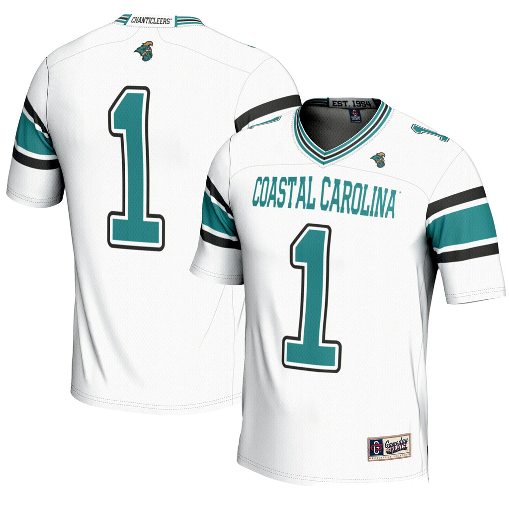 #1 Coastal Carolina Chanticleers Endzone Football Jersey - White product image 1, provided for visual reference and product