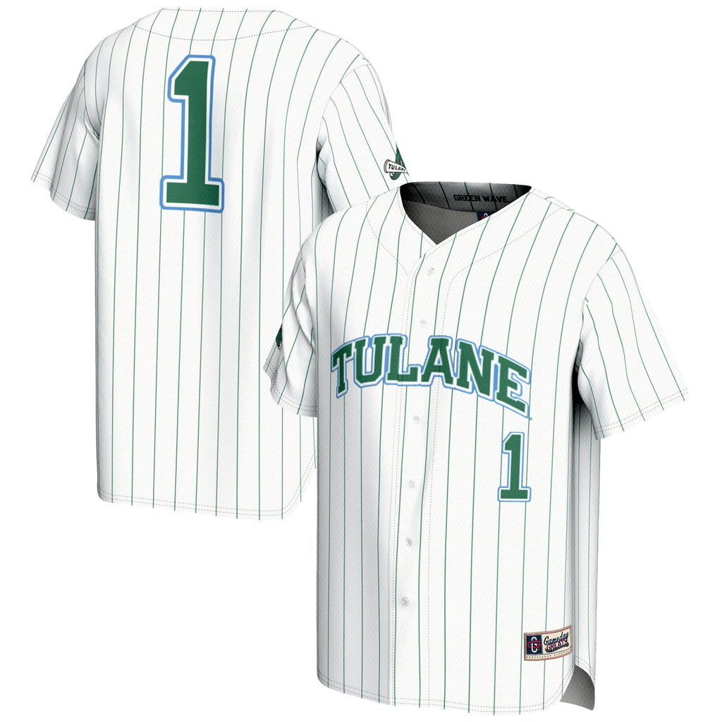 #1 Tulane Green Wave Lightweight Baseball Jersey - White product image 1, provided for visual reference and product detail