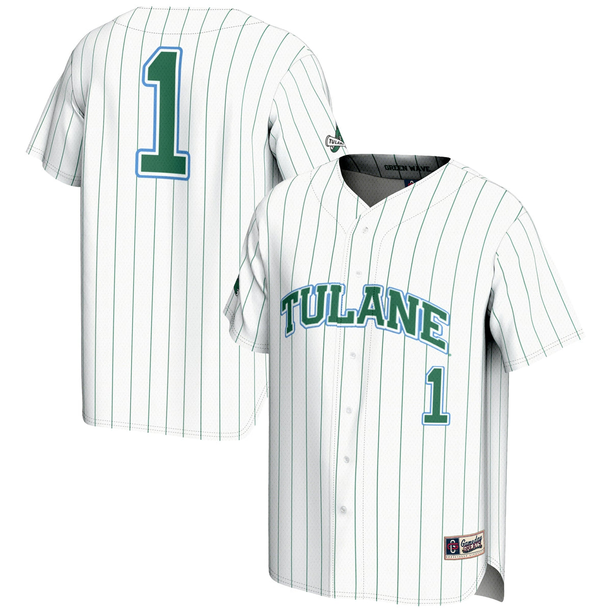 #1 Tulane Green Wave Lightweight Baseball Jersey - White product image 1, provided for visual reference and product detail