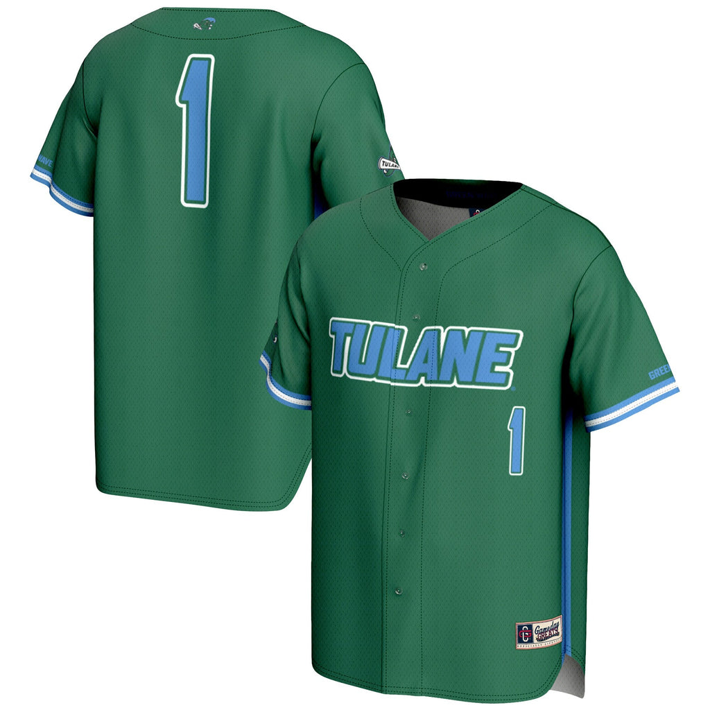 #1 Tulane Green Wave Lightweight Baseball Jersey - Green product image 1, provided for visual reference and product detail