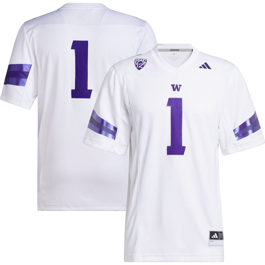 #1 Washington Huskies Premier Football Jersey - White product image 1, provided for visual reference and product detail