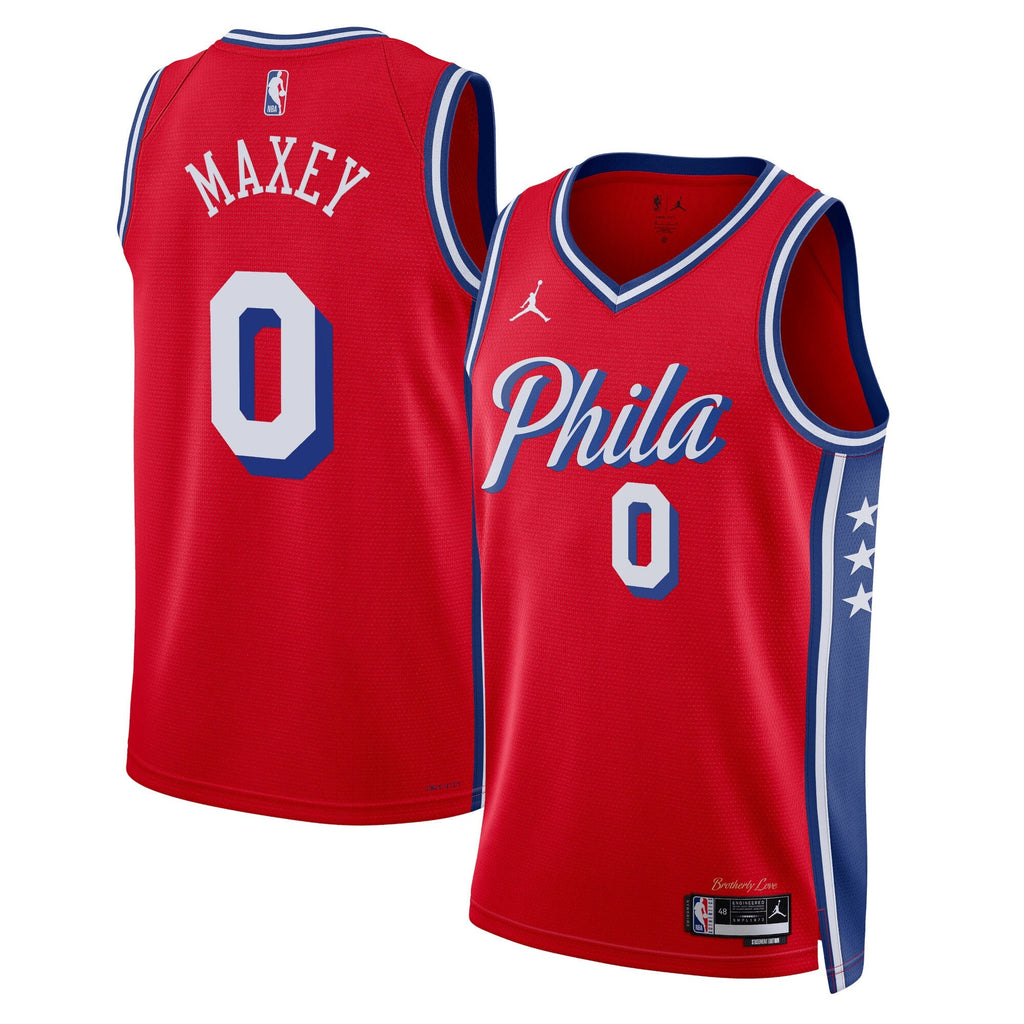 Philadelphia 76ers Statement Edition Swingman Jersey - Red - Tyrese Maxey product image 1, provided for visual reference and