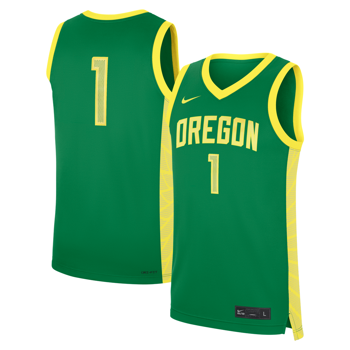 Green Oregon Ducks #1 Road Replica Basketball Jersey product image 2, provided for visual reference and product detail review