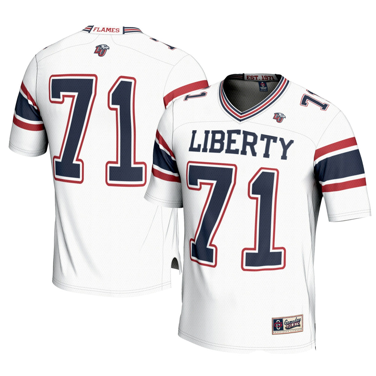 #71 Liberty Flames Football Jersey – White product image 1, provided for visual reference and product detail review