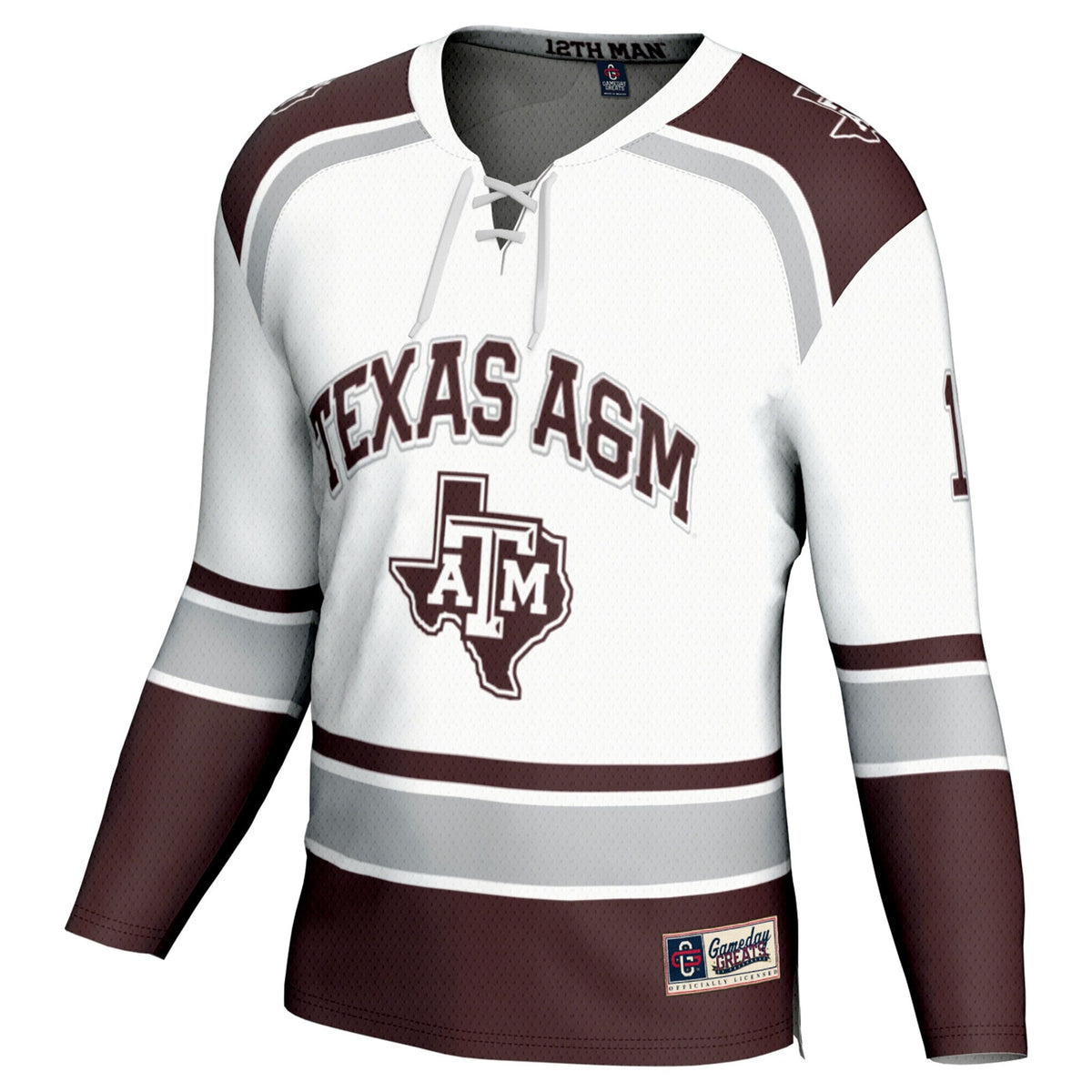 #12 Texas A&M Aggies Hockey Fashion Jersey – White product image 3, provided for visual reference and product detail review