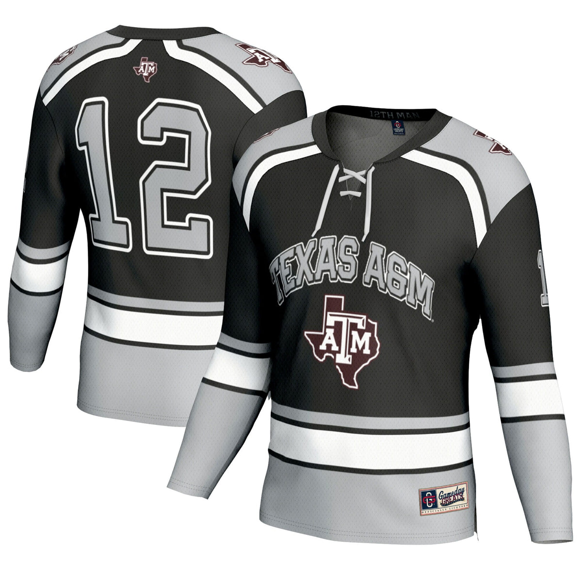 #12 Texas A&M Aggies Hockey Fashion Jersey – Black product image 2, provided for visual reference and product detail review