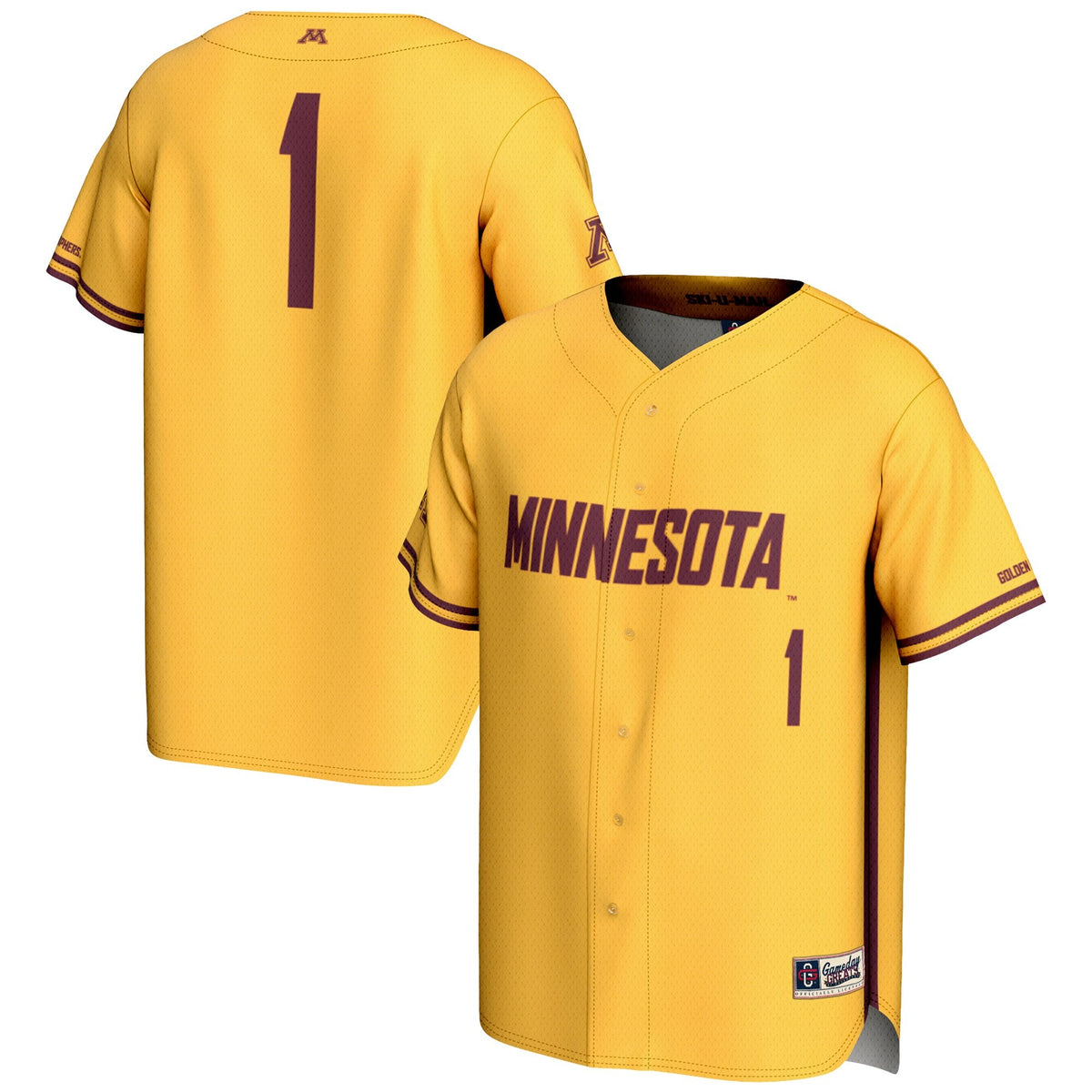 #1 Minnesota Golden Gophers Lightweight Baseball Jersey - Gold product image 1, provided for visual reference and product