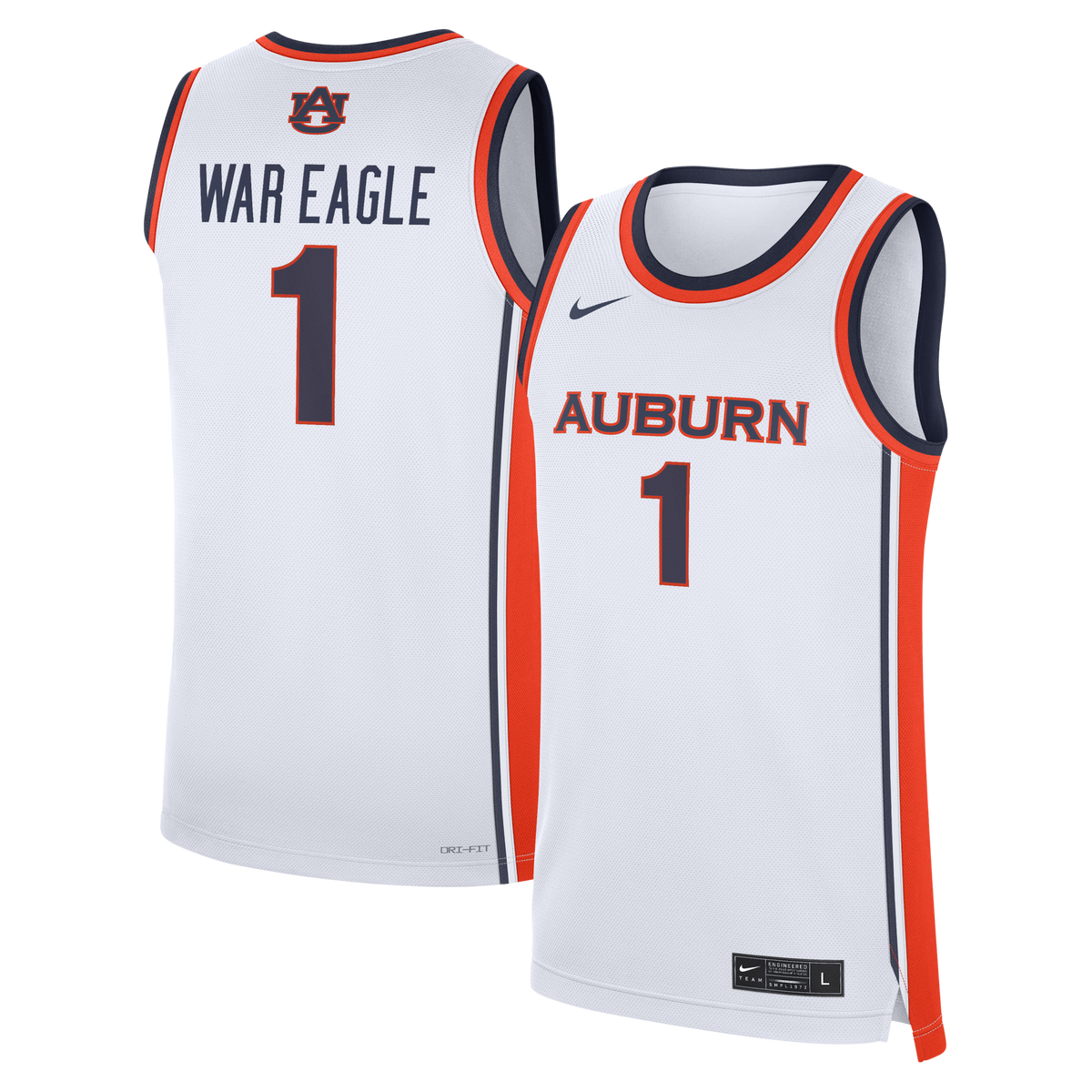 White Auburn Tigers #1 Home War Eagle Replica Basketball Jersey product image 2, provided for visual reference and product
