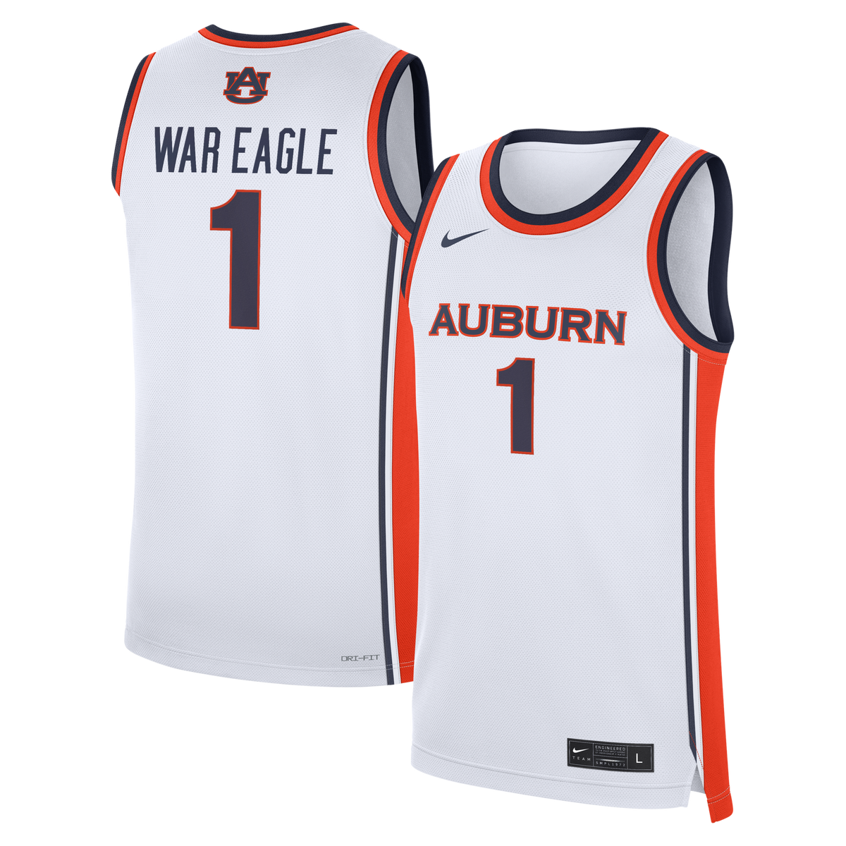 White Auburn Tigers #1 Home War Eagle Replica Basketball Jersey product image 1, provided for visual reference and product