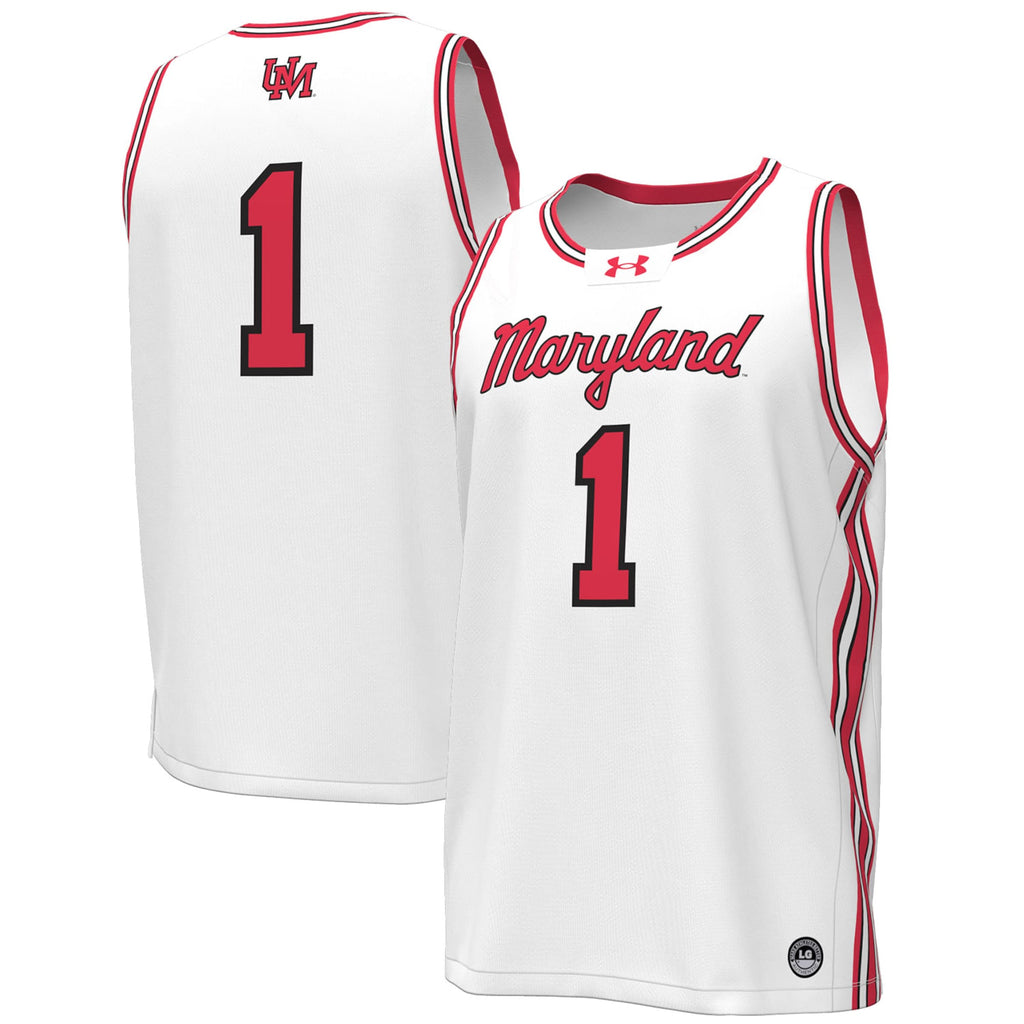 #1 Maryland Terrapins Throwback Replica Basketball Jersey - White product image 1, provided for visual reference and product