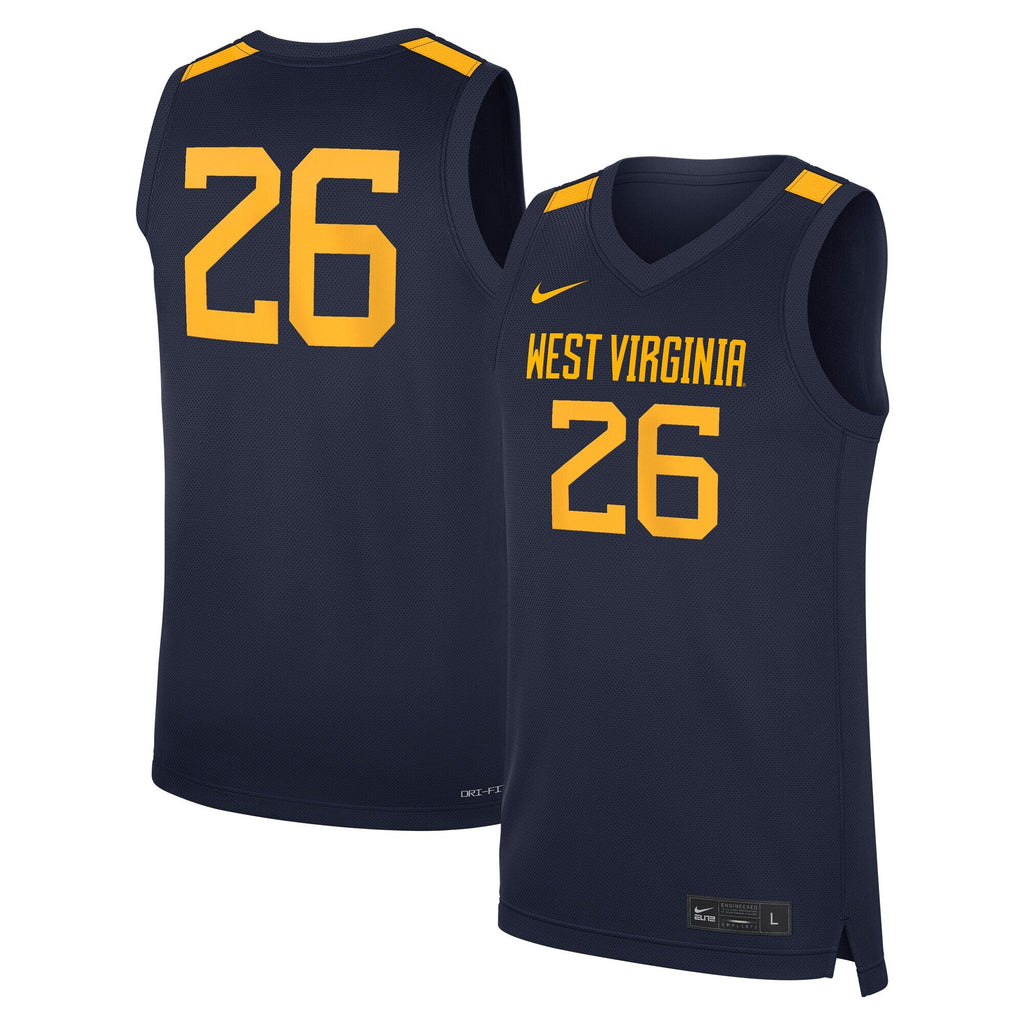 #26 Navy West Virginia Mountaineers Road Replica Basketball Jersey product image 2, provided for visual reference and