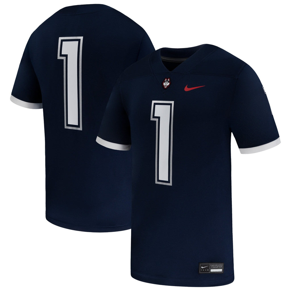 #1 Navy UConn Huskies Game Football Jersey product image 2, provided for visual reference and product detail review