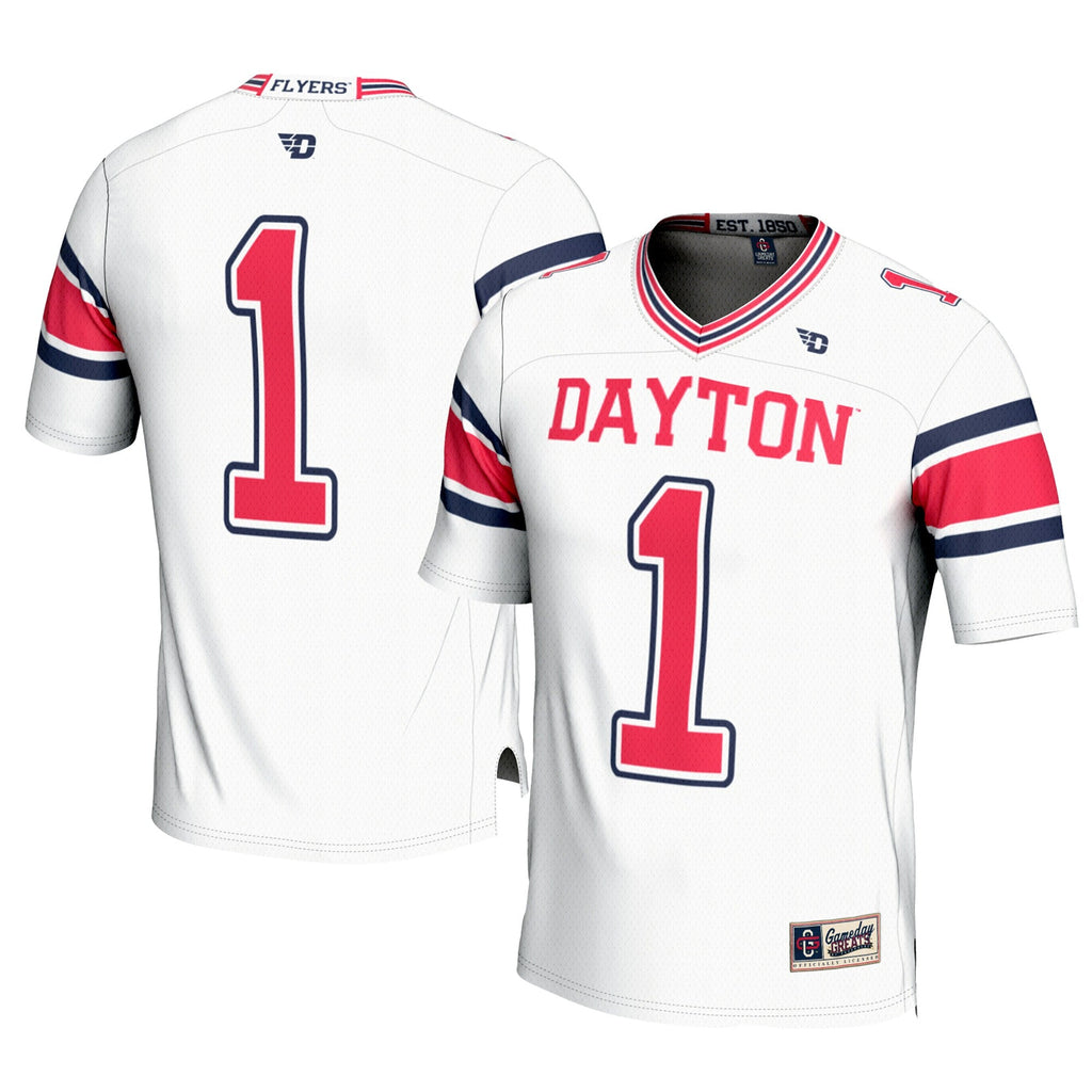 #1 Dayton Flyers Football Jersey - White product image 1, provided for visual reference and product detail review