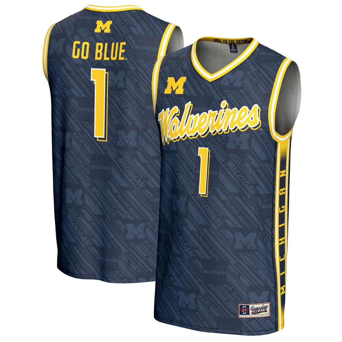 #1 Michigan Wolverines Highlight Print Lightweight Basketball Fashion Jersey - Navy product image 1, provided for visual