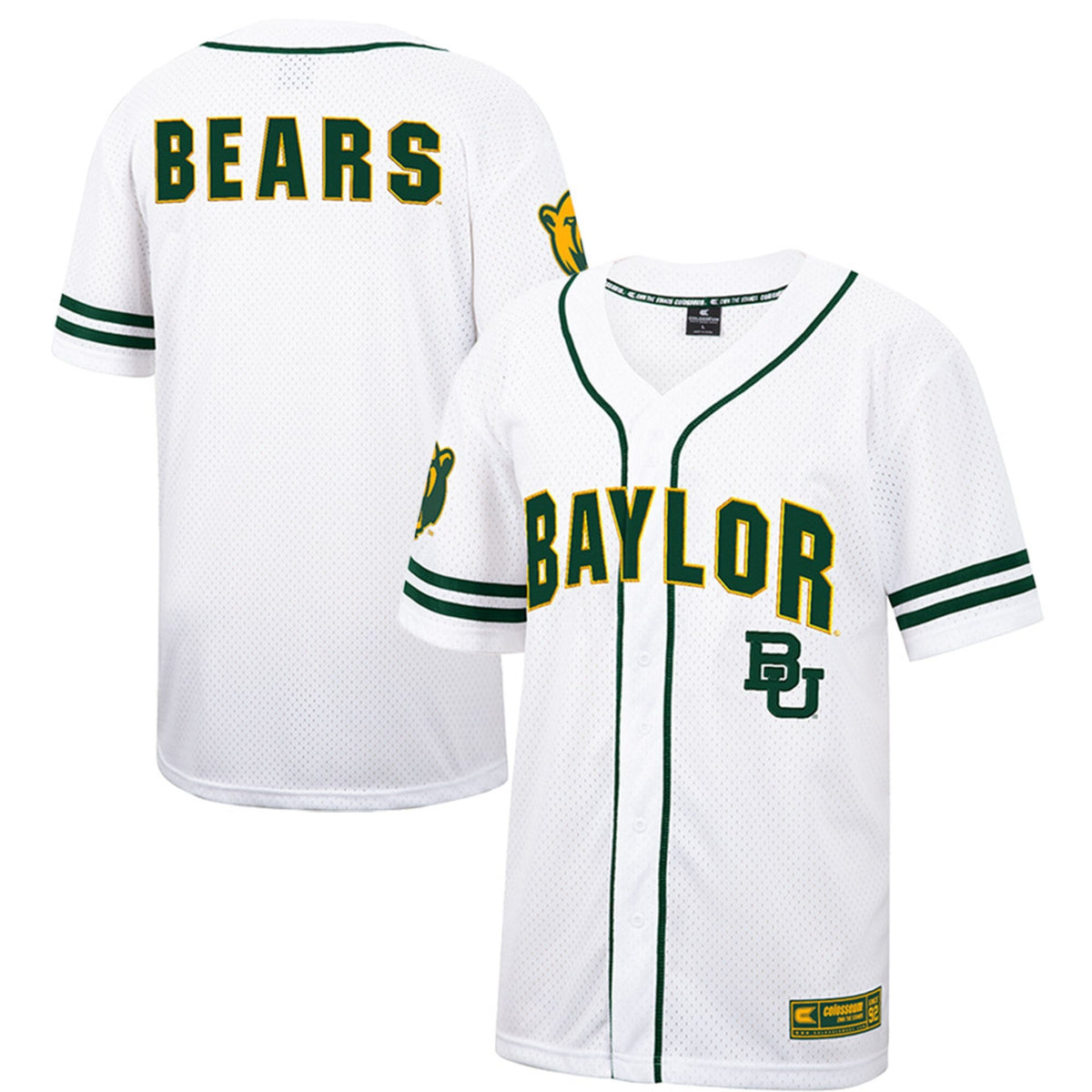 Baylor Bears Free Spirited Mesh Button-Up Baseball Jersey - White product image 1, provided for visual reference and product
