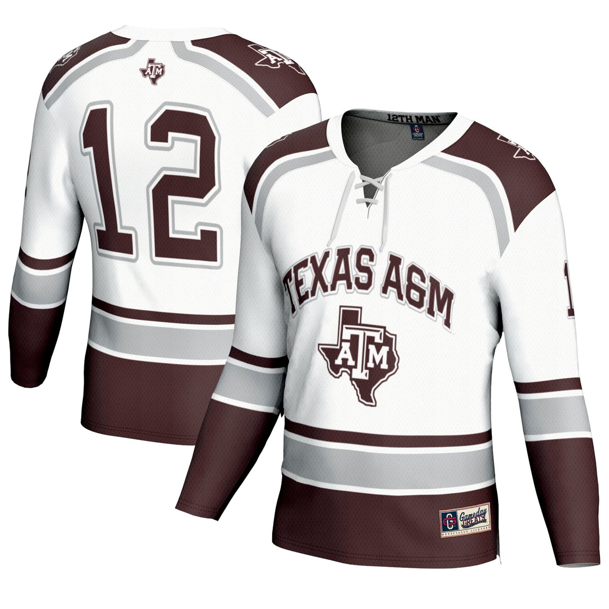 #12 Texas A&M Aggies Hockey Fashion Jersey – White product image 1, provided for visual reference and product detail review