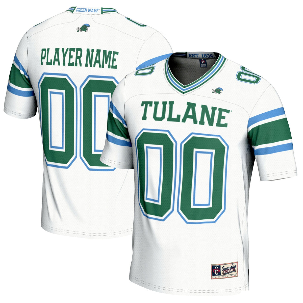 Tulane Green Wave NIL Pick-A-Player Football Jersey - White product image 1, provided for visual reference and product