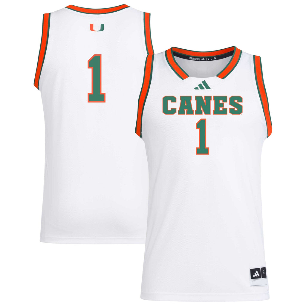 #1 White Miami Hurricanes Replica Swingman Jersey product image 1, provided for visual reference and product detail review