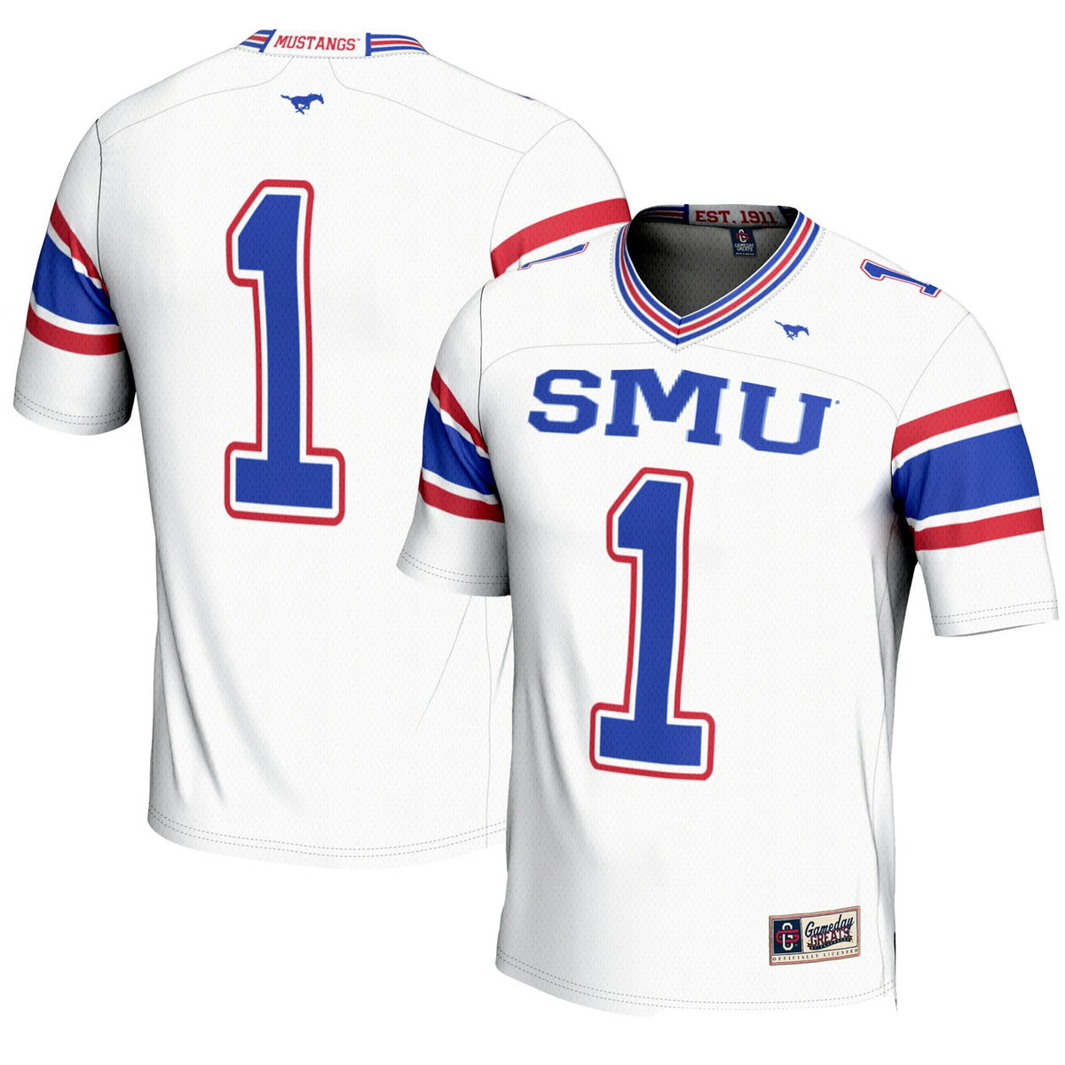 #1 SMU Mustangs Endzone Football Jersey - White product image 1, provided for visual reference and product detail review