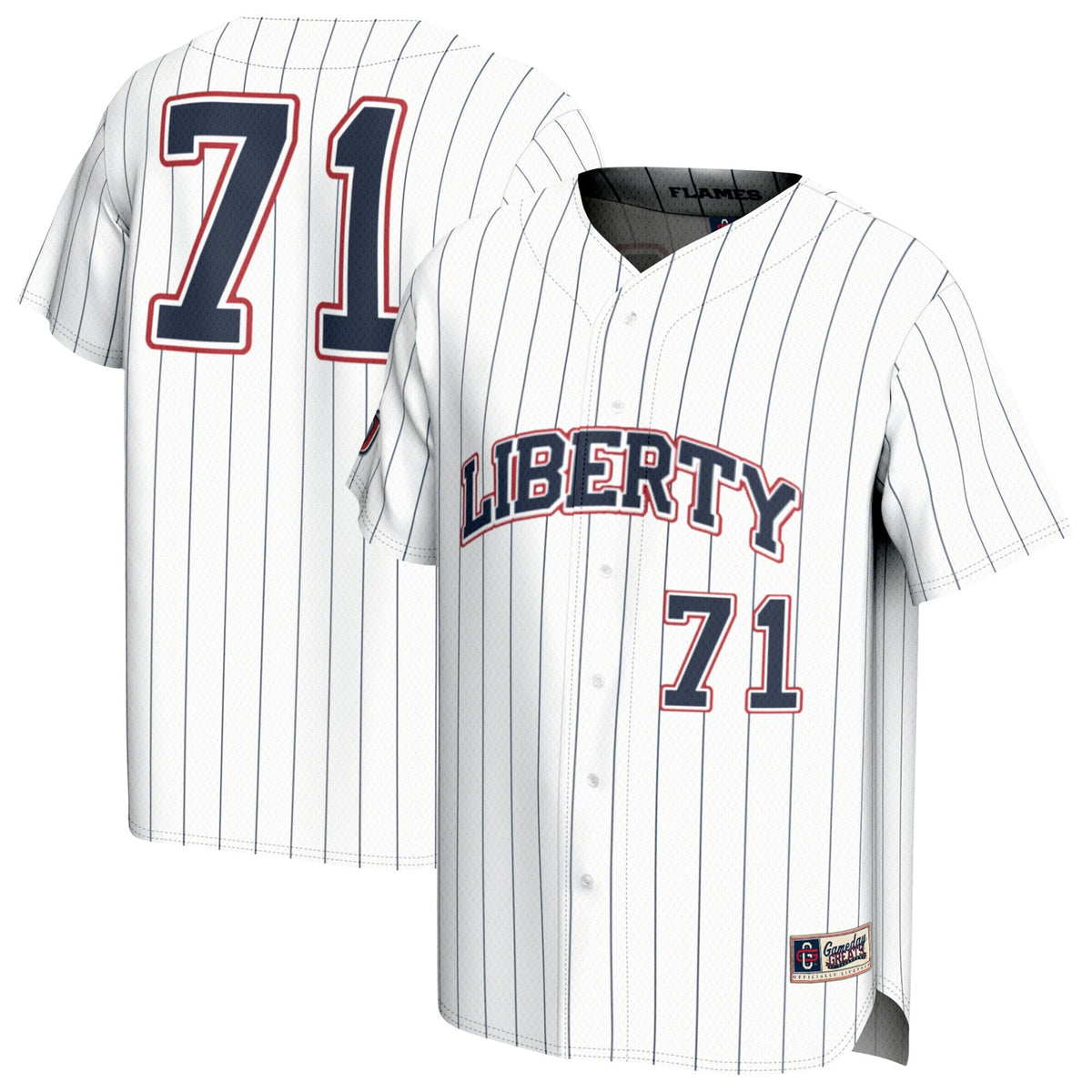 Adult #71 White Liberty Flames Lightweight Collegiate Baseball Fashion Jersey product image 1, provided for visual reference