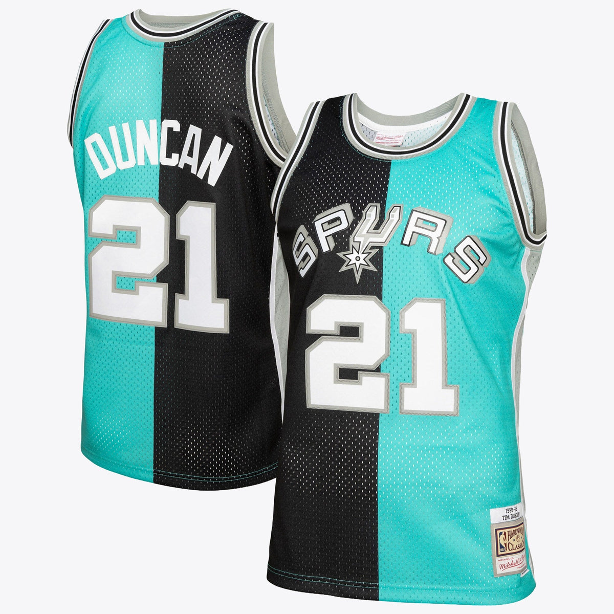 San Antonio Spurs Tim Duncan 1998 Split Swingman Jersey - Black/Teal product image 1, provided for visual reference and