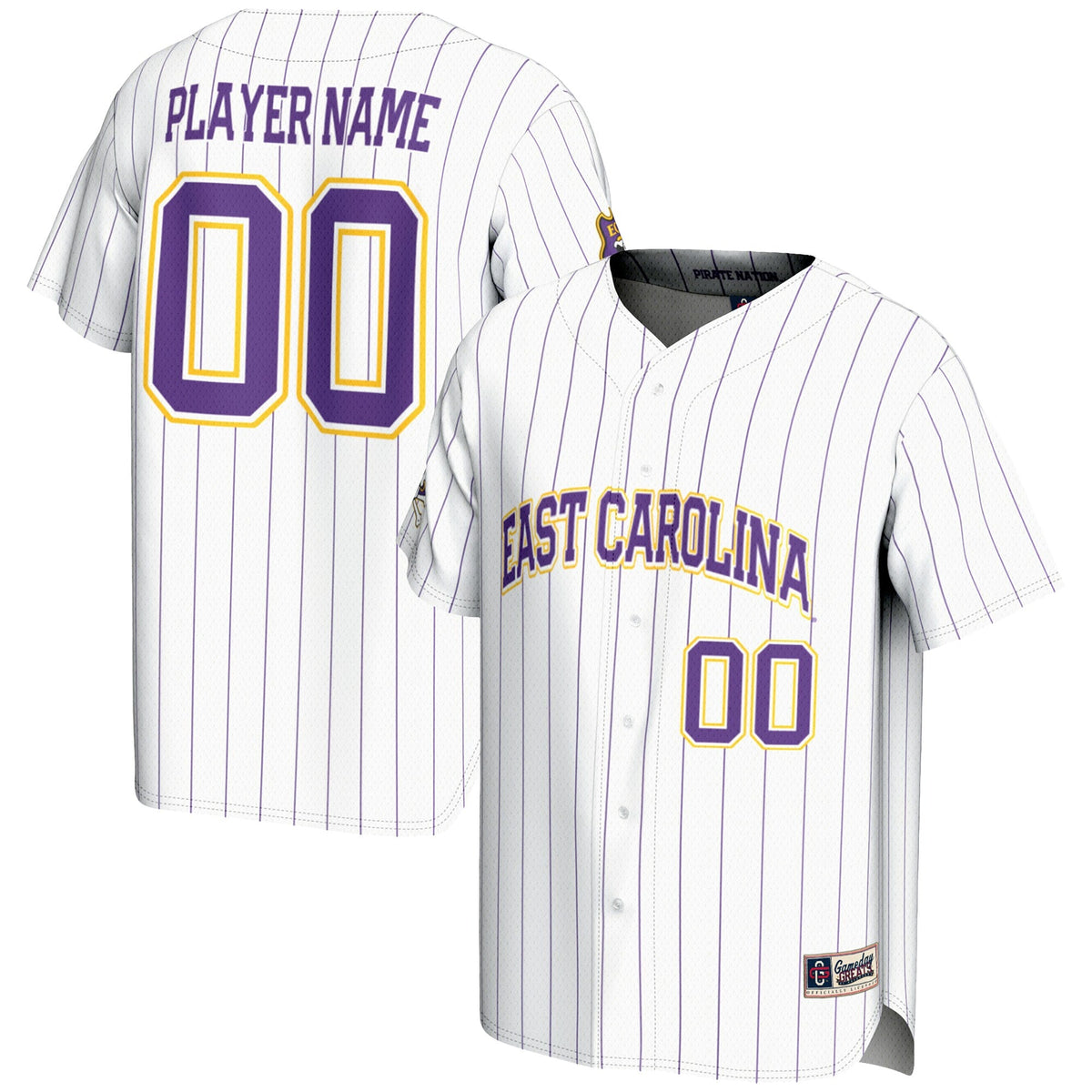 ECU Pirates NIL Pick-A-Player Lightweight Baseball Jersey - White product image 1, provided for visual reference and product