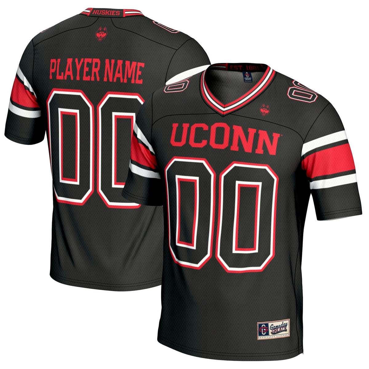 UConn Huskies NIL Pick-A-Player Football Jersey - Black product image 2, provided for visual reference and product detail